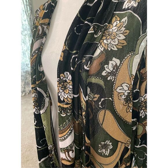 Creation Womens Plus 3X Open Front Cardigan Tan Green Floral Print Flowy NWT - Picture 3 of 6